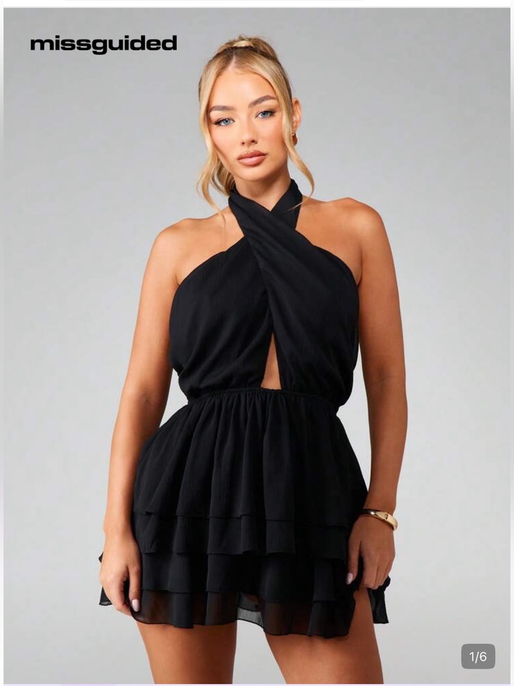 Missguided Black Halter Cross-Front Ruffle Mini Dress